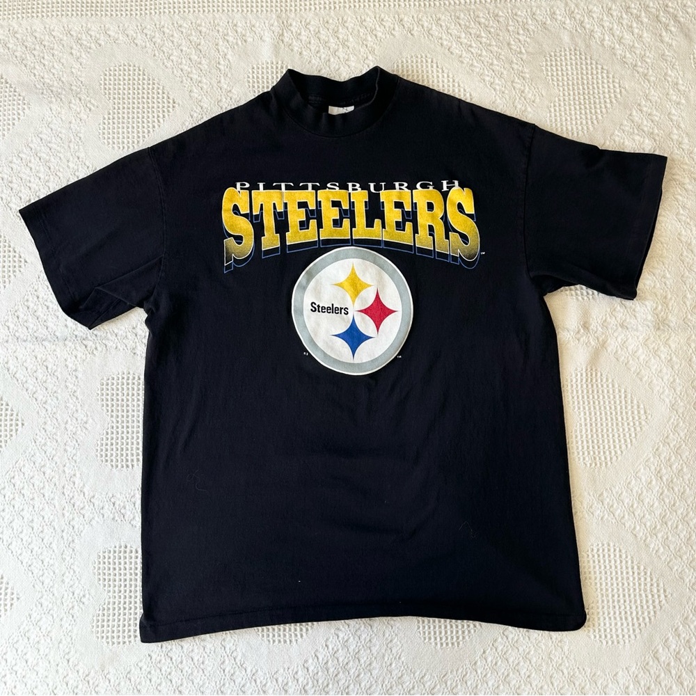 Vintage Pittsburgh Steelers Shirt Tee Mens XL Black Majestic NFL Spell Out Vtg
